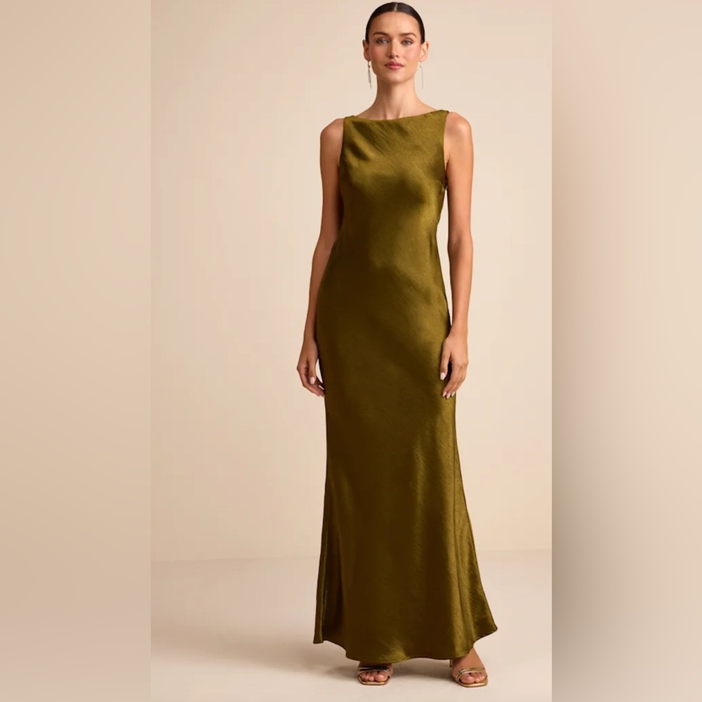 Lulus Janita Olive Satin Sleeveless Cowl Back Maxi Dress Green - Size M